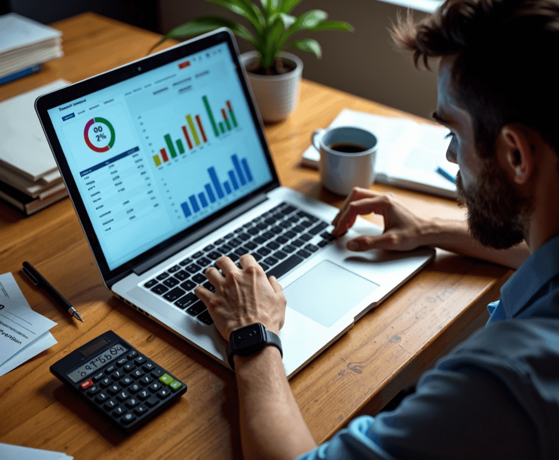 Cash Flow 5 Cash-Flow management - image of business owner with laptop showing cash flow chart