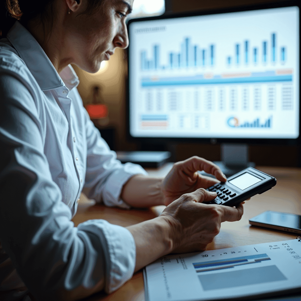 Cash Flow 6 cash-flow management - image of business man at desk looking at phone while computer screen to the left shows cash flow chart