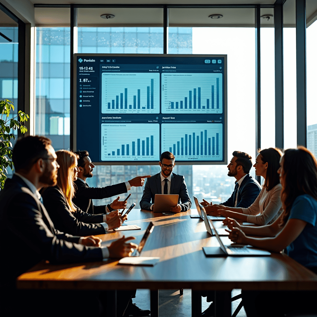 Cash Flow 8 Cash- flow management - Picture of staff in a conference with screen showing charts