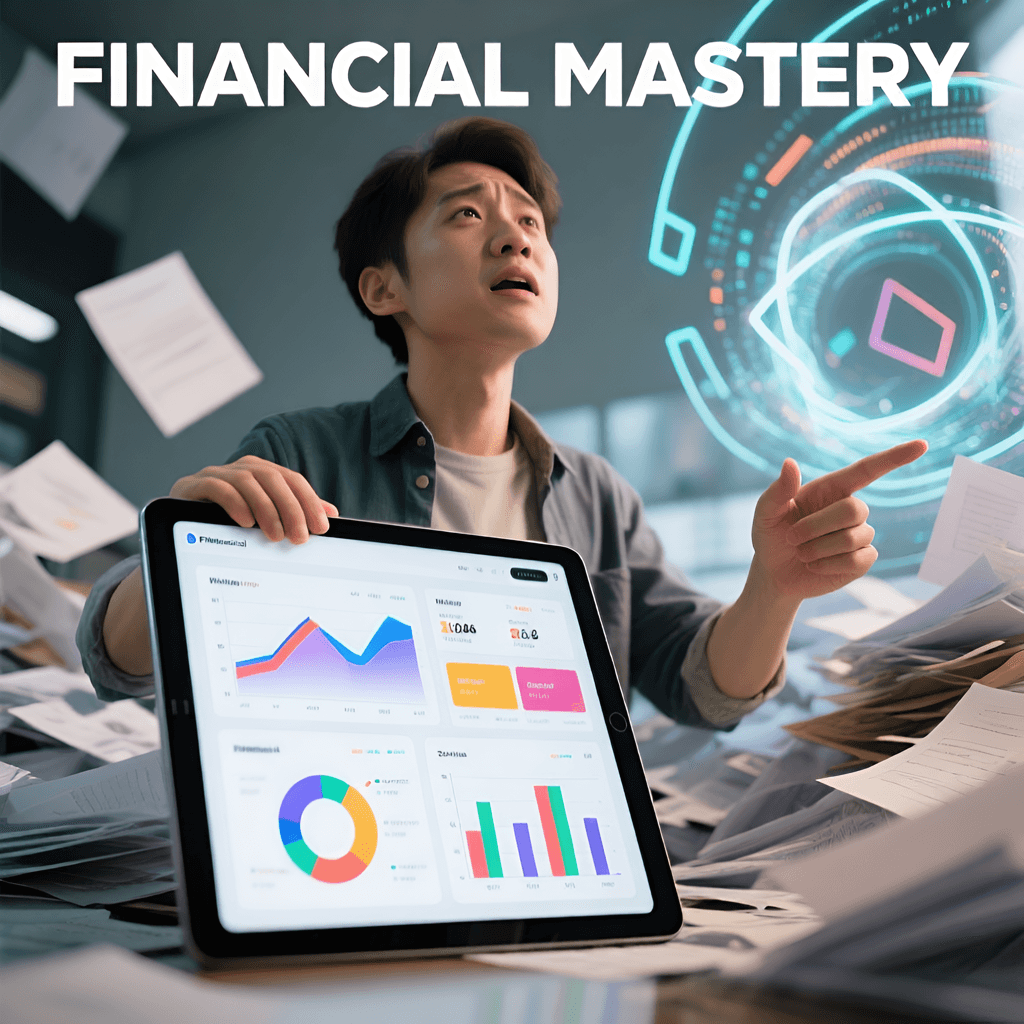 How to clean up messy books - image of a person showing a laptop screen with charts and graphs and the header with the words Financial Mastery