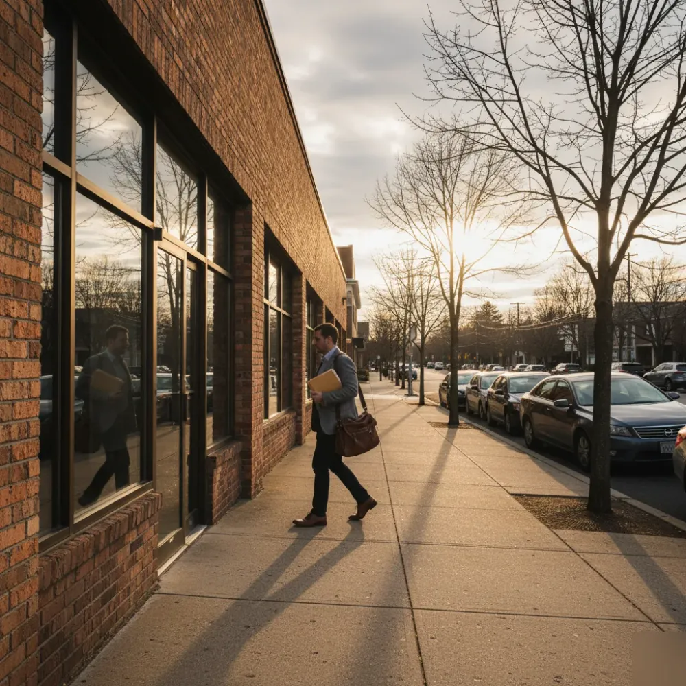 Person entering a brick office building on a tree-lined street in Teaneck for tax filing services