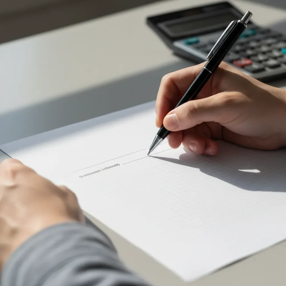 Hands completing a 1099 tax form with a pen on a desk for Teaneck business filing