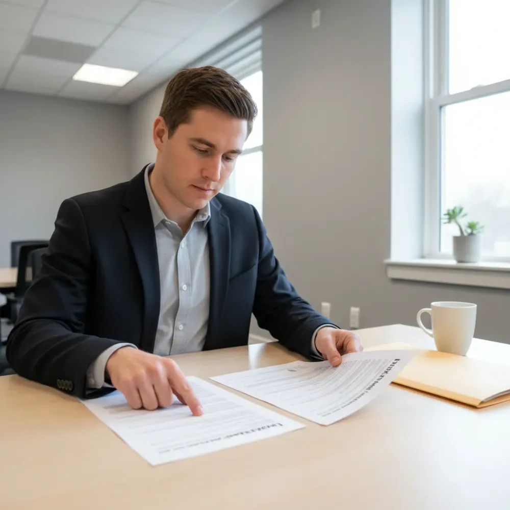 Person comparing two IRS tax forms side by side at a conference table in a Teaneck office