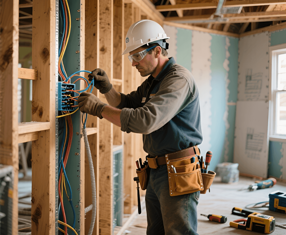Electrician pulling wires Bookkeeping for electricians - Image shows electrician wiring a new construction project
