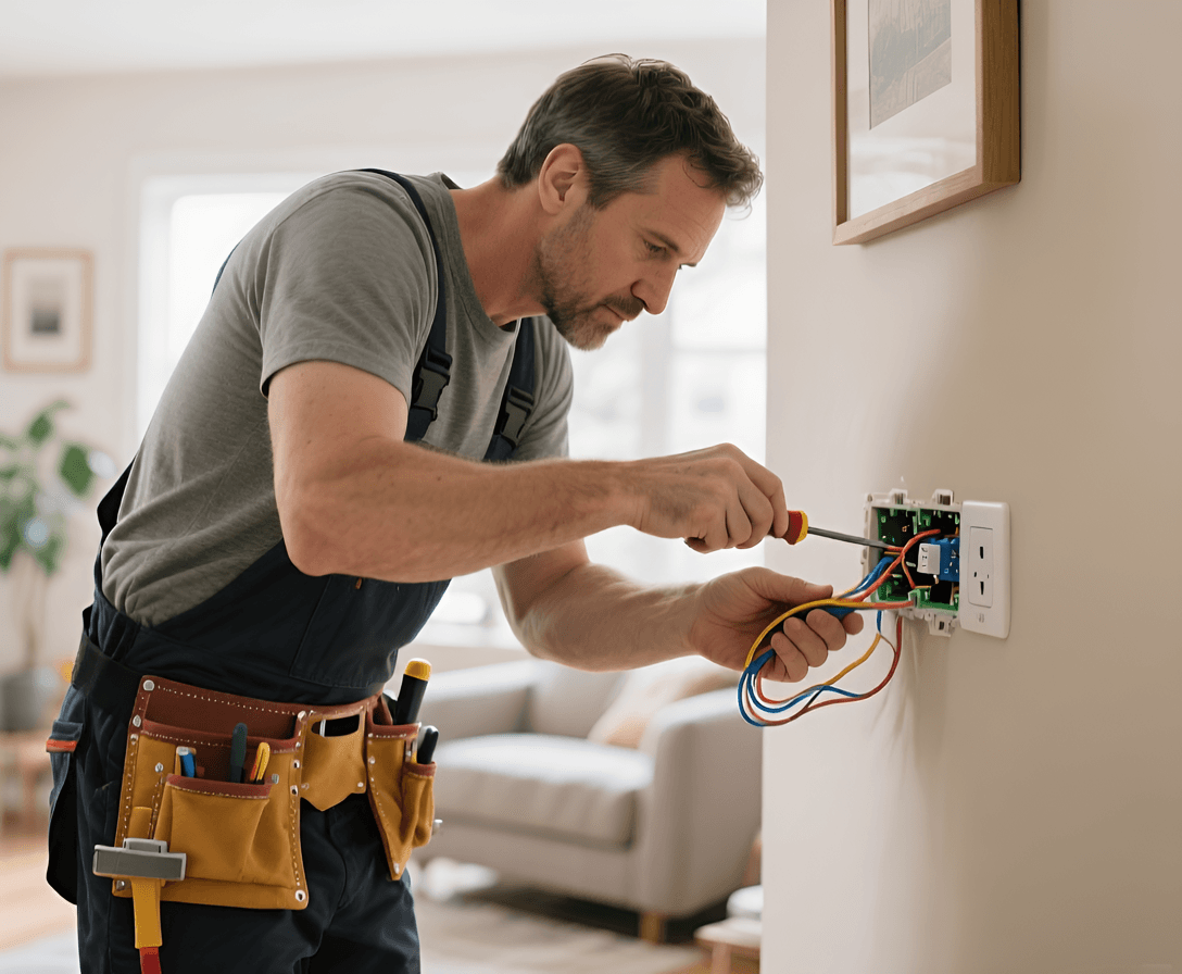 Electrician repairing outlet Bookkeeping for electricians - Image shows electrician repairing an electrical outlet in a home