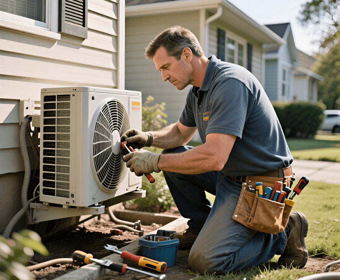 HVAC COntractor repairing unit outside home Bookkeeping for HVAC Contractors - image shows a HVAC contractor repairing unit outside home