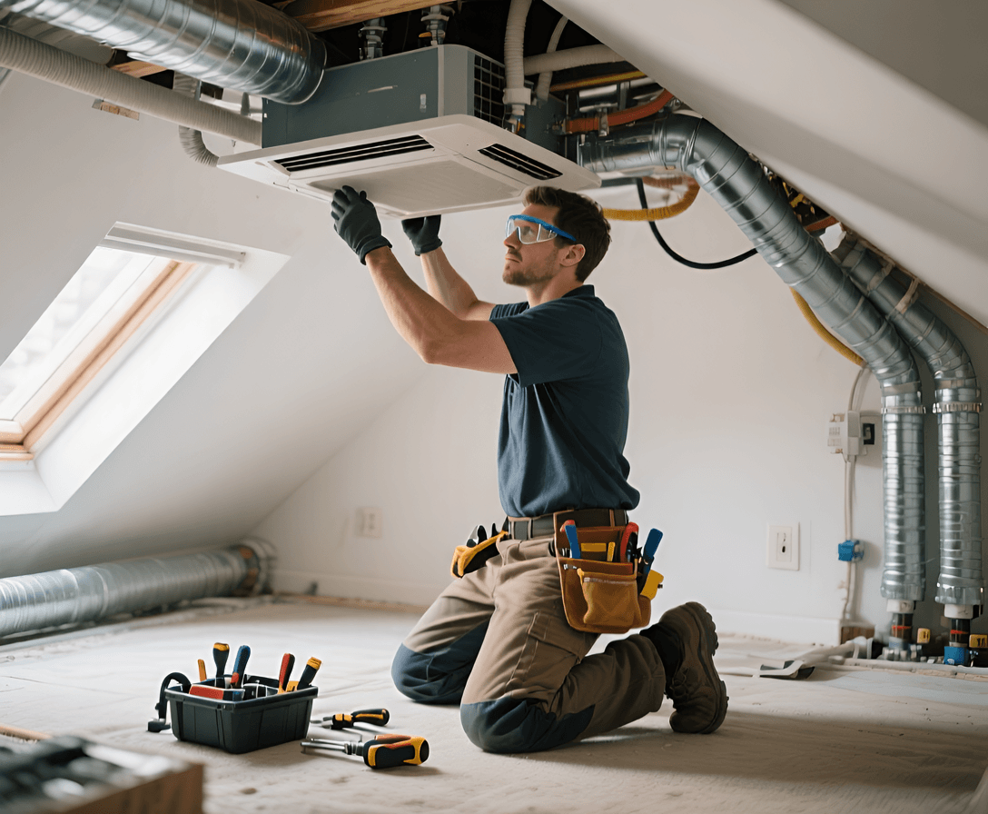 HVAc Contractor Installing unit Bookkeeping for HVAC contractors - image shows contractor installing HVAC unit