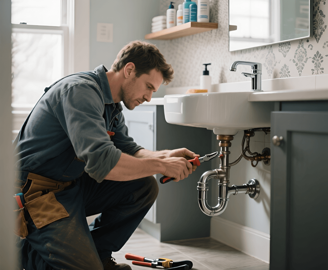 Bookkeeping for Plumbers - image of plumber repairing a sink in a home