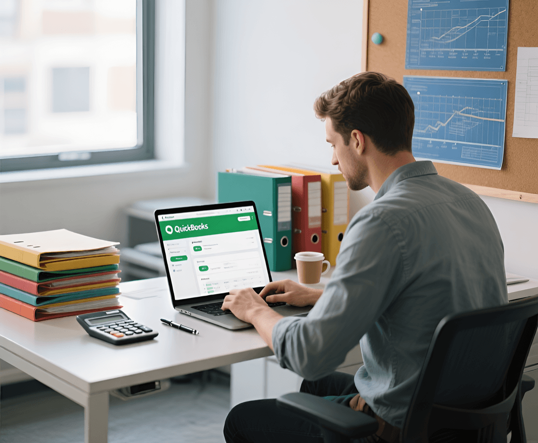 Industries we serve - image shows bookkeeper working on QuickBooks for a contractors book