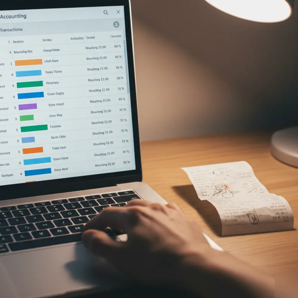 Laptop screen with categorized transaction rows sits beside a paper receipt on a wooden desk under desk lamp light.