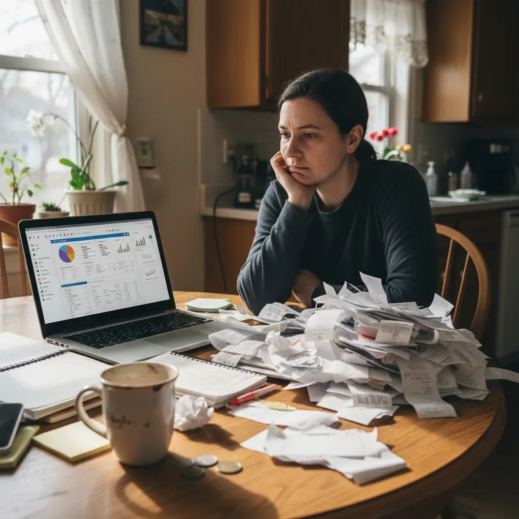 Small business owner stares at a bookkeeping software screen surrounded by paper receipts and handwritten notes.