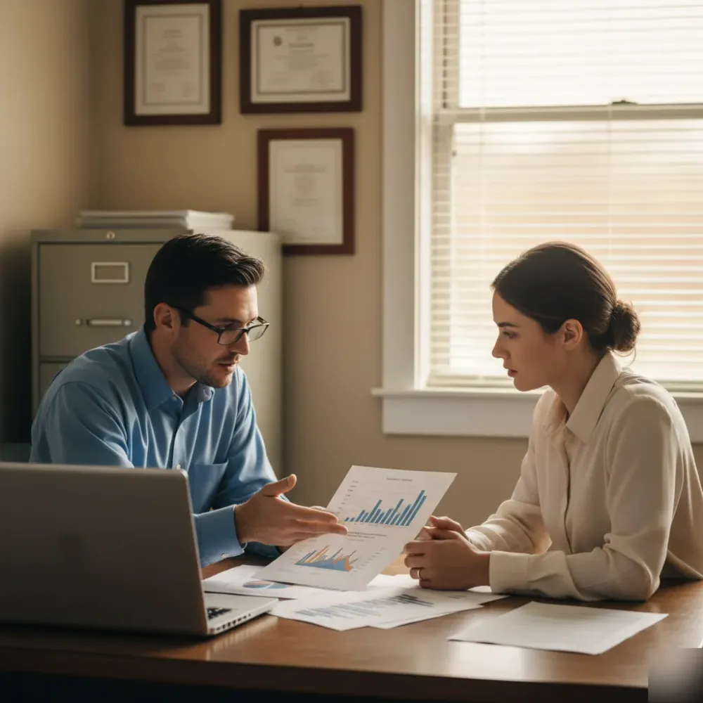 Two people sit across a desk in a small office, reviewing printed financial documents in a focused conversation.