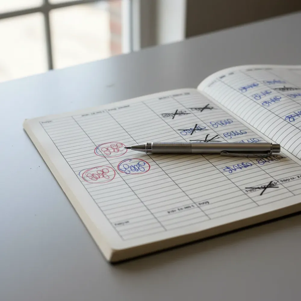 Close-up of a printed financial ledger with circled figures, crossed-out entries, and handwritten correction notes in ink.