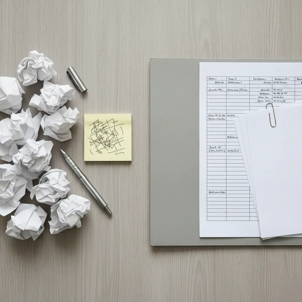 Overhead close-up showing disorganized receipts on one side and a neatly organized ledger and folder on the other.