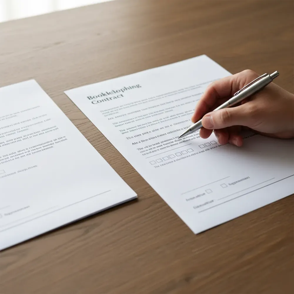 Hand holding a pen over a printed contract on a wooden desk, with a second copy placed beside it.
