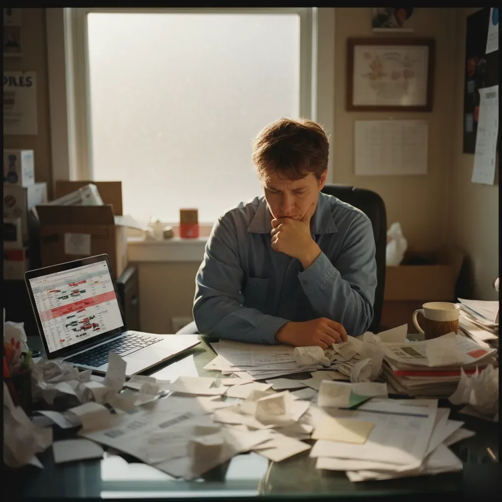 Business owner sits at a cluttered desk reviewing disorganized receipts and a spreadsheet with errors visible on screen.