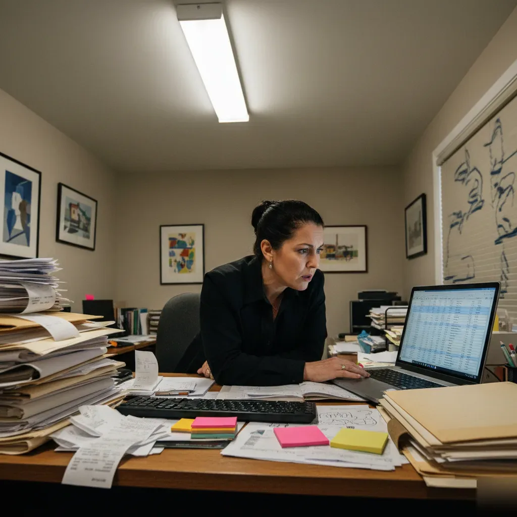 Small business owner stares at a laptop spreadsheet surrounded by stacked receipts and disorganized financial folders on a