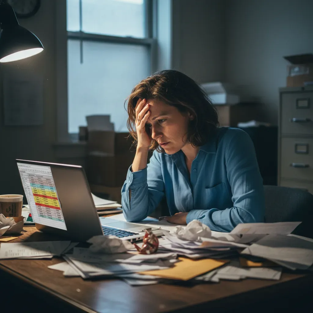 A business owner staring at a disorganized financial spreadsheet on a laptop, surrounded by paper invoices and receipts.