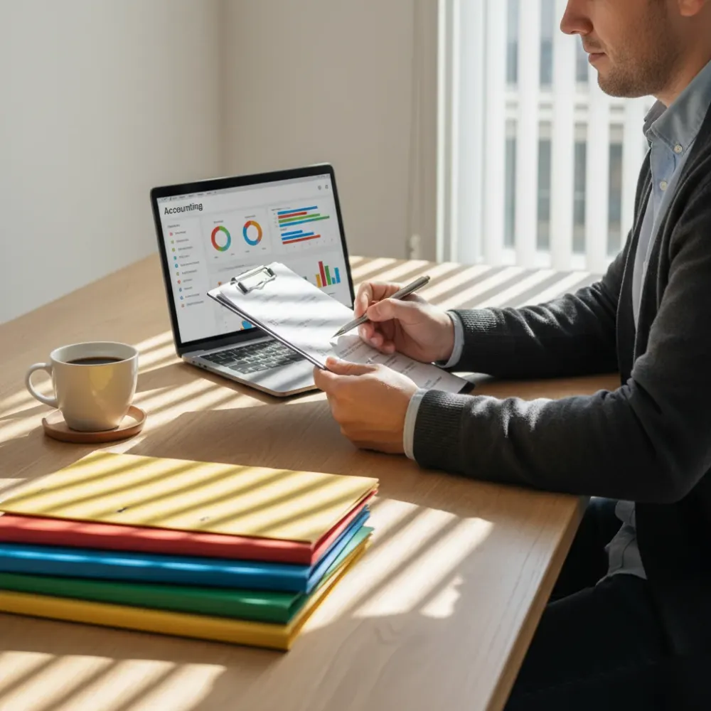 Person works through a structured checklist on a clipboard beside an organized laptop accounting dashboard in a sunlit