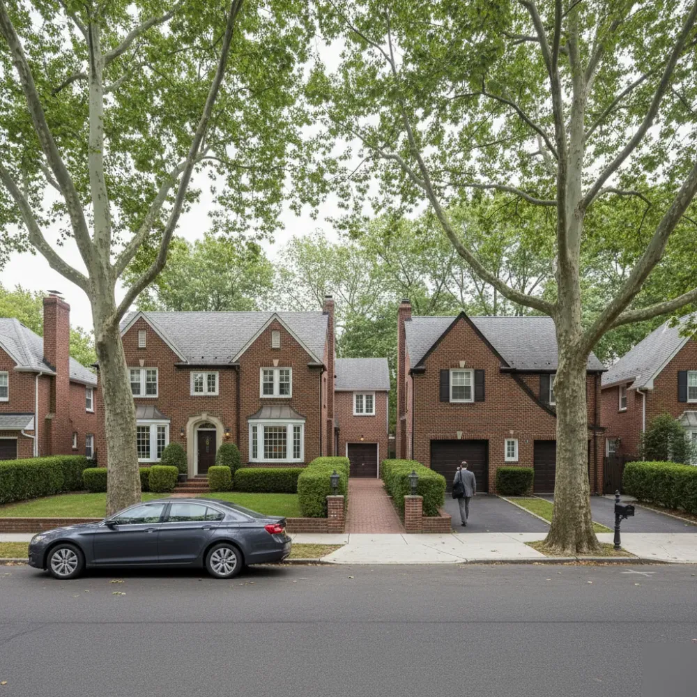 Bookkeeper walking toward a brick Colonial home on a tree-lined residential street in Teaneck, New Jersey.