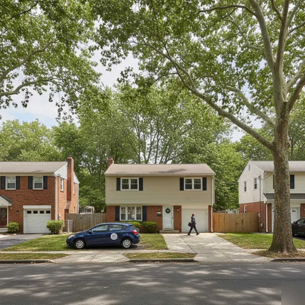 Bookkeeping service provider walking toward a split-level home on a Teaneck, New Jersey neighborhood street.