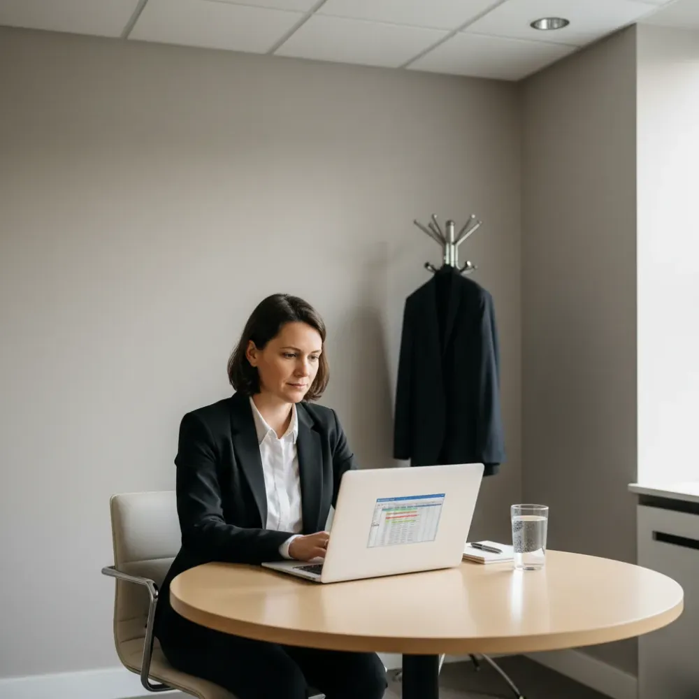 Person reviewing a spreadsheet on a laptop at a small office table during a bookkeeping consultation.