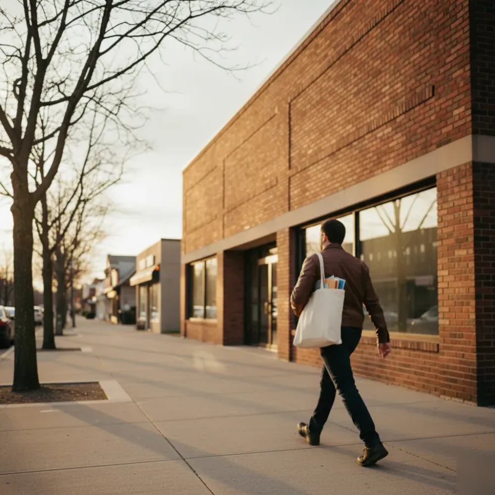 Person walking toward a brick commercial building in Teaneck carrying financial documents for a bookkeeping consultation.
