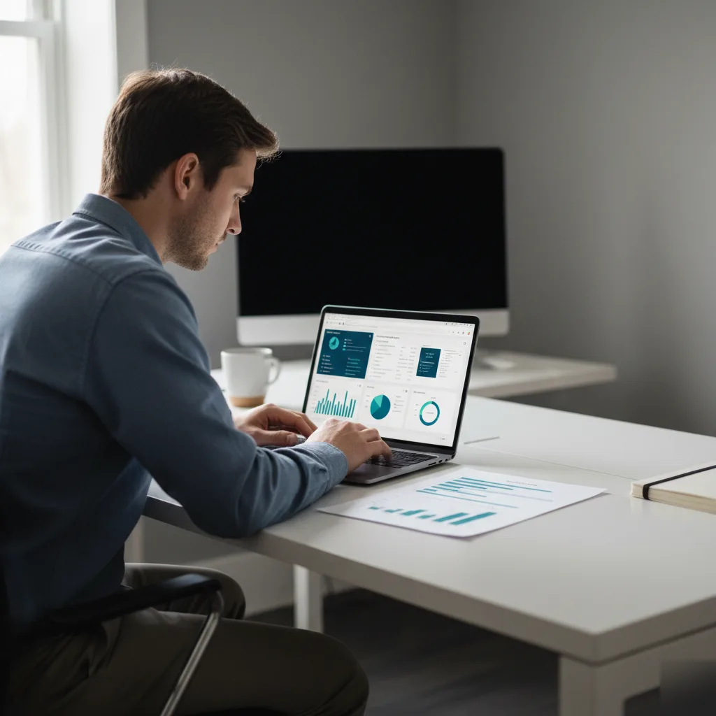 bookkeeping-electricians-financial-dashboard-review-teaneck Bookkeeping for Electricians - image shows bookkeeper working on laptop in office