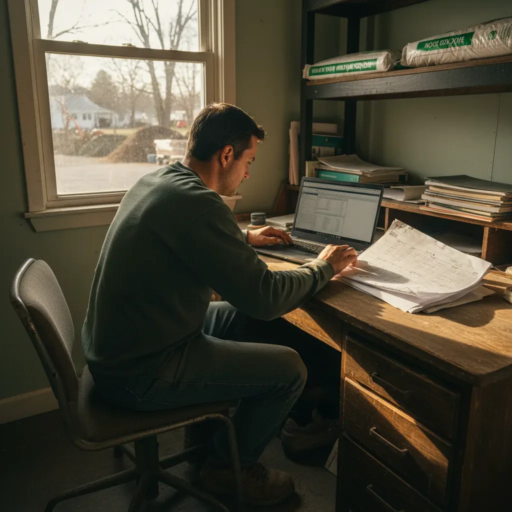 Landscaper reviewing bookkeeping software on a laptop at a desk in Teaneck, NJ.