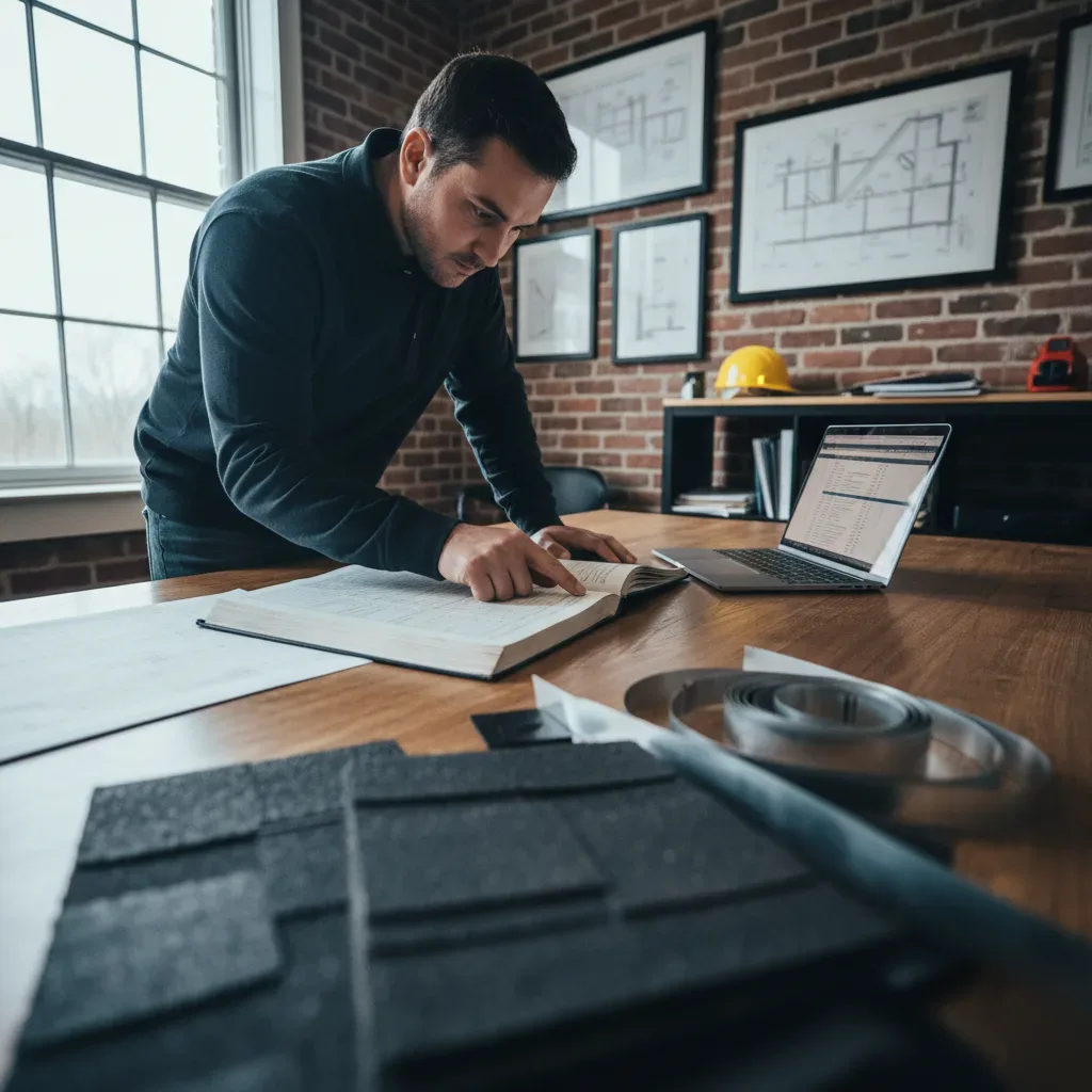 Person reviews a printed job cost ledger beside an open laptop at a contractor's desk, with roofing material samples nearby.