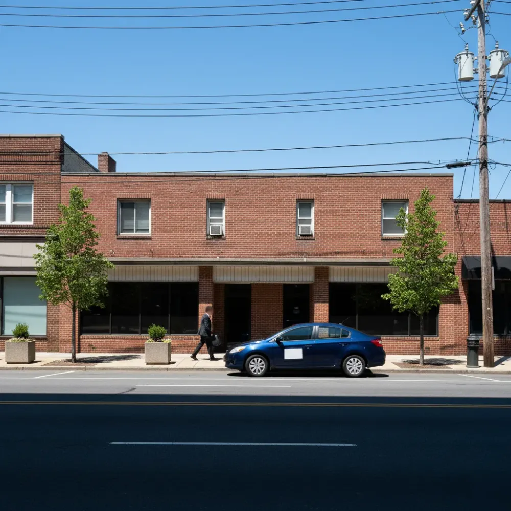 Bookkeeping service provider walking toward a storefront on a commercial street in Teaneck, New Jersey.