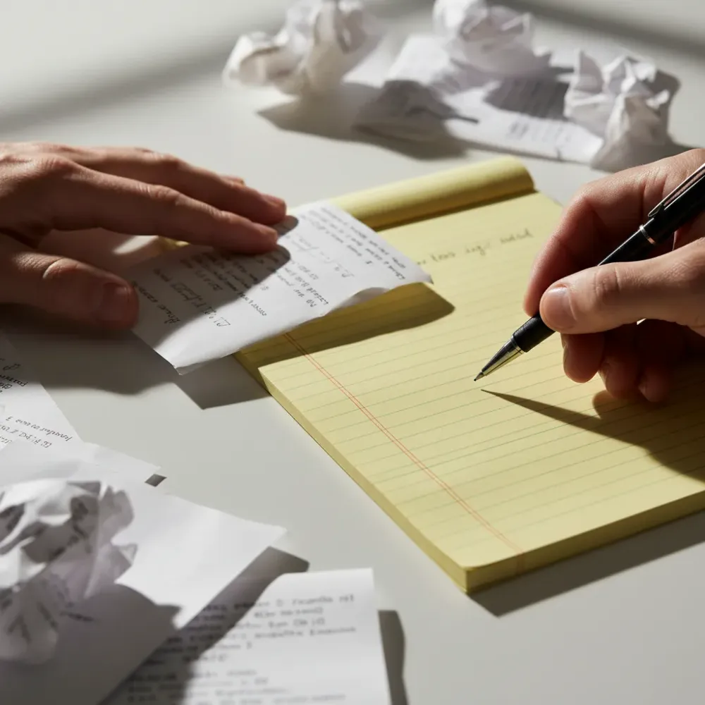 Hands sorting crumpled receipts and writing notes on a legal pad during a bookkeeping review.