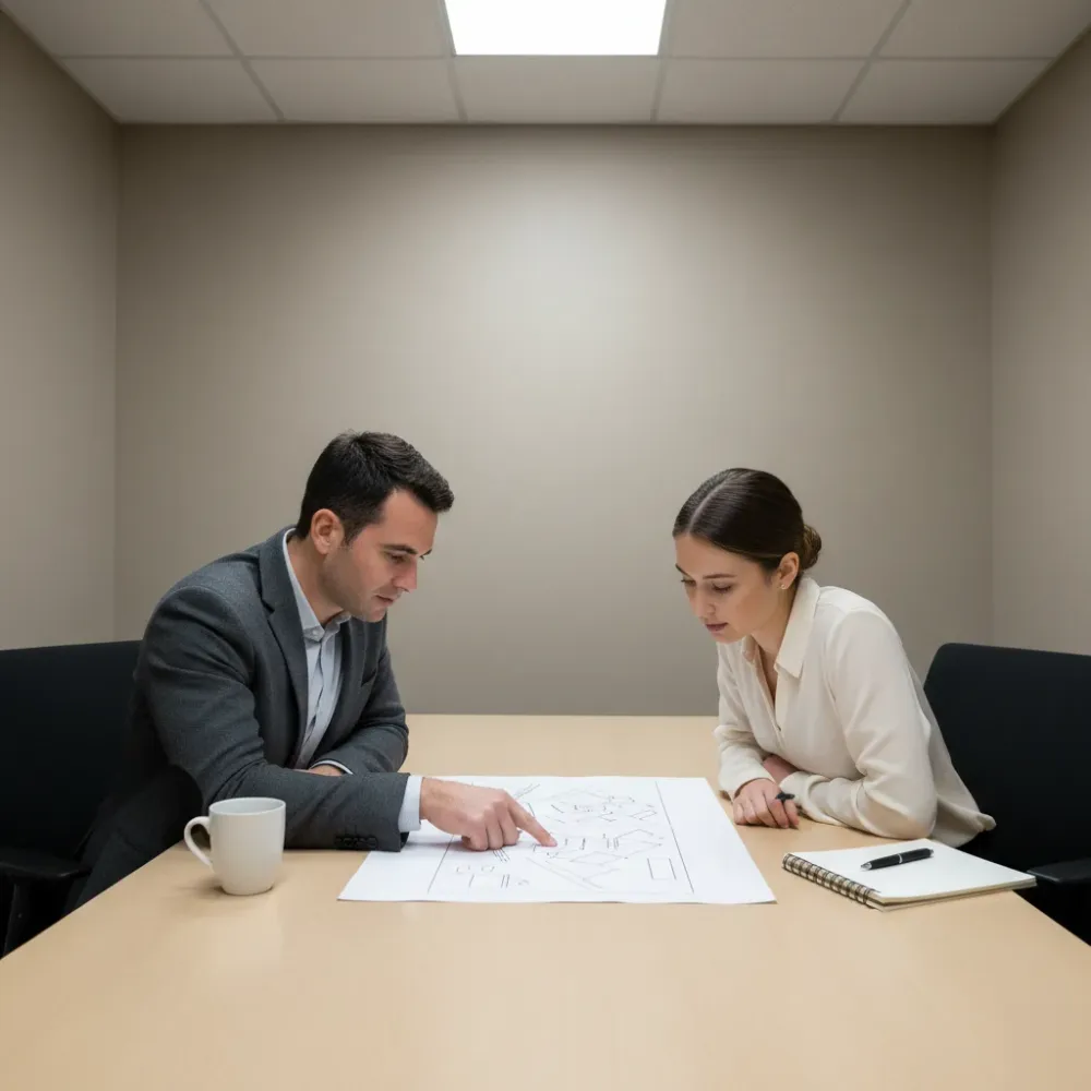 Two people seated at a conference table reviewing a shared document, one pointing to a specific line on the page.