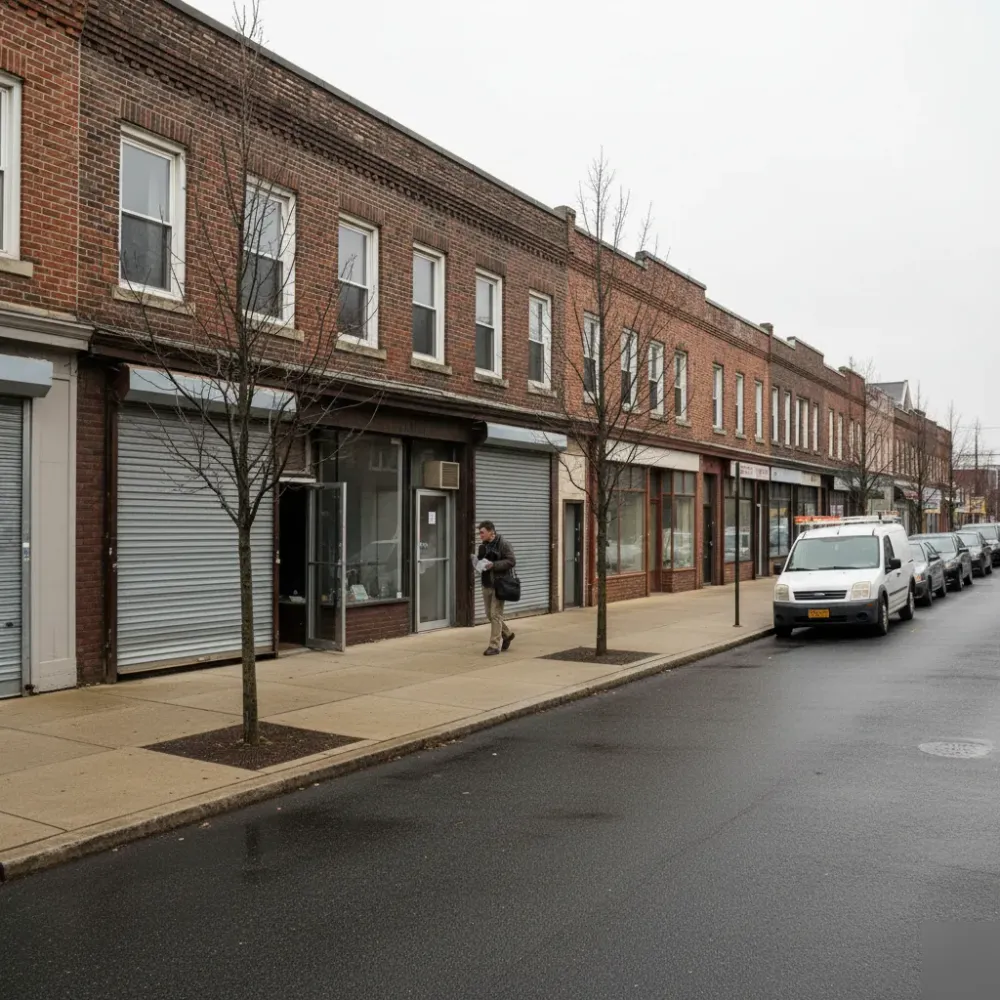 Bookkeeping services provider walking toward Bloomfield New Jersey storefront near Teaneck small business district.