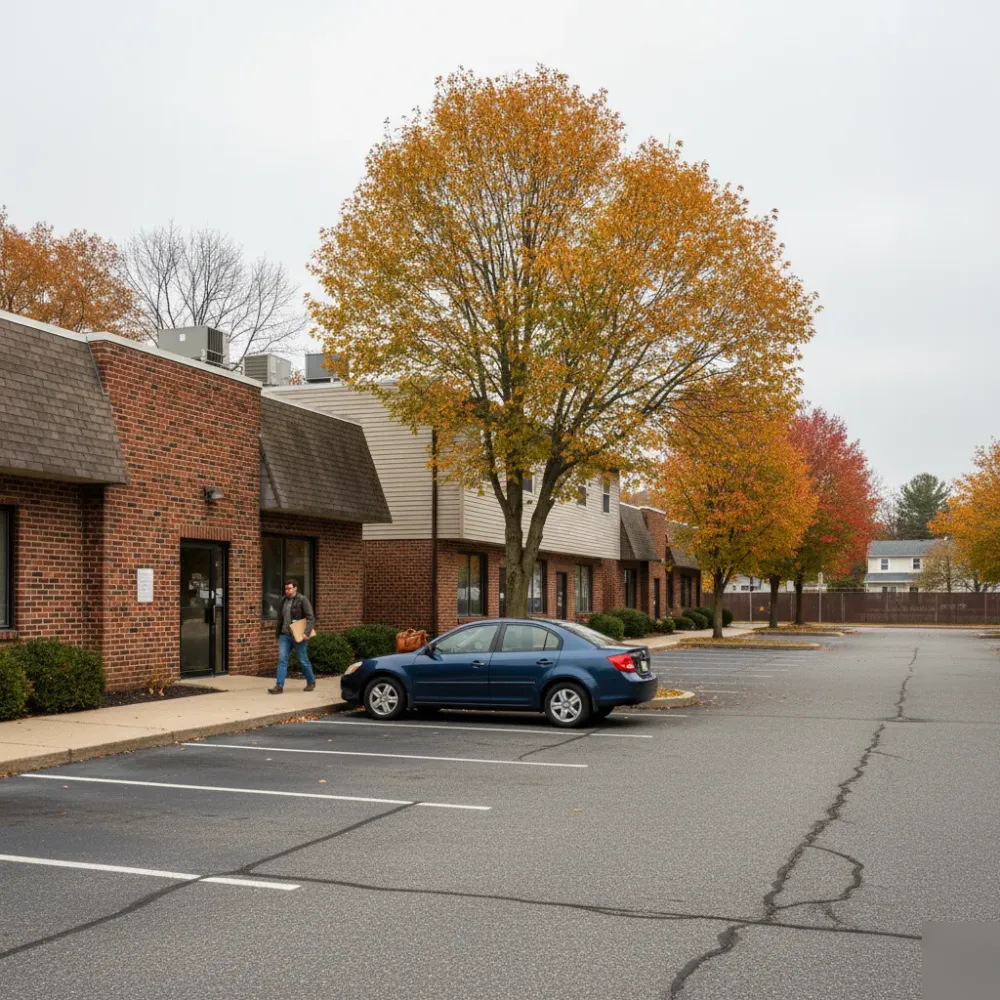 Person carrying a document folder walks toward a brick commercial building on a Cedar Knolls, NJ street with autumn trees.