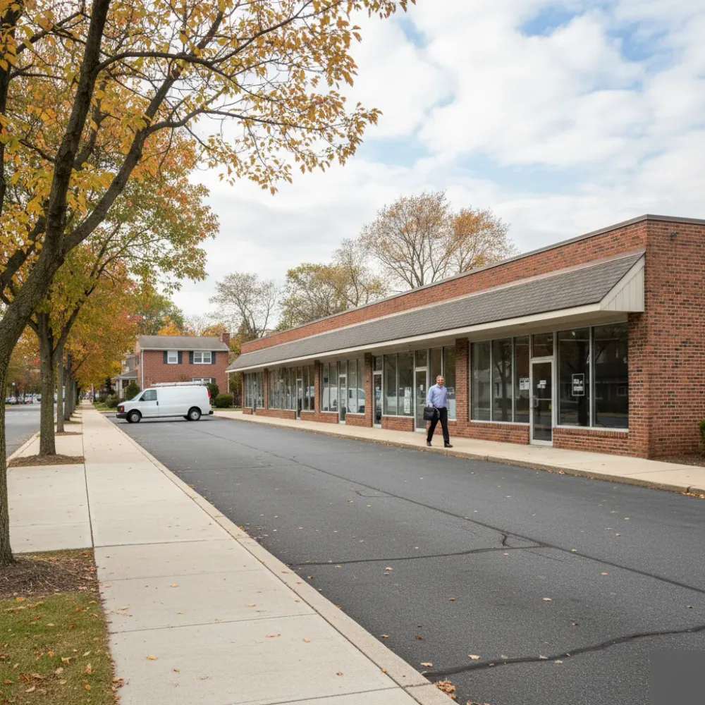 Person carrying a laptop bag walks toward a small storefront on a Lake Hiawatha, NJ commercial street near Montville.