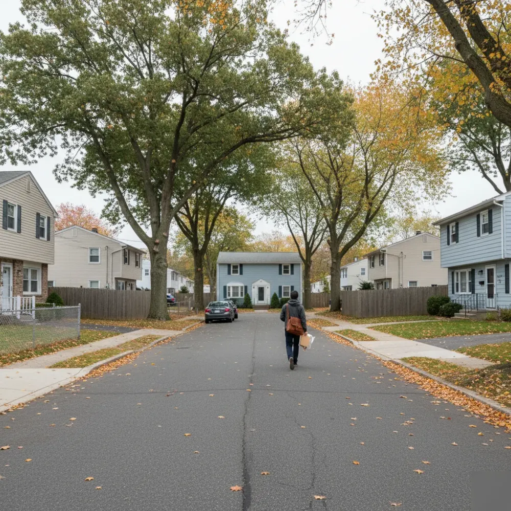 Bookkeeping service provider walking toward a Lake Hiawatha NJ split-level home on a residential street.