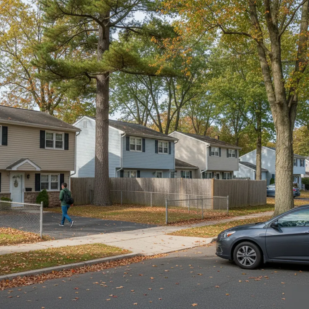 Bookkeeping service provider walking toward a Lake Hiawatha NJ split-level home on a tree-lined street.