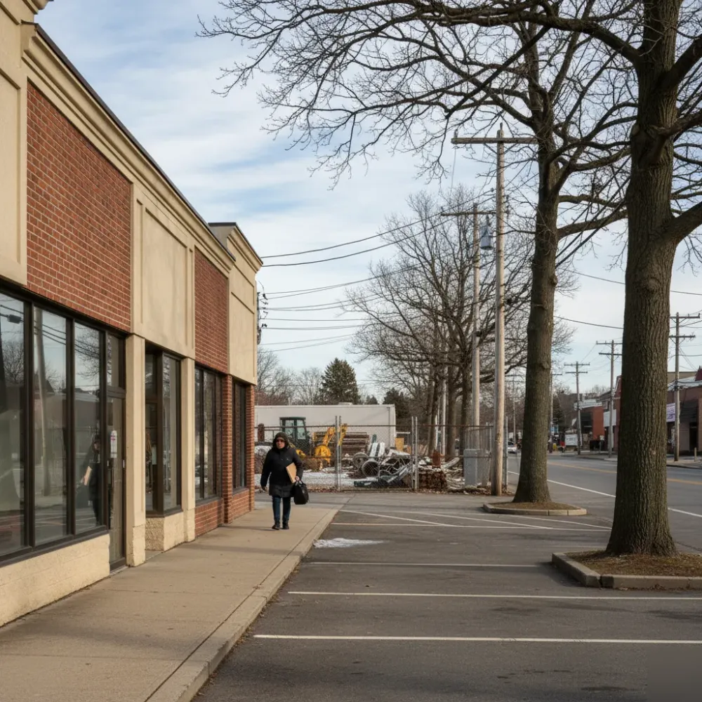 Person carrying bookkeeping documents along a NJ-23 commercial streetscape near Pompton Plains, New Jersey.