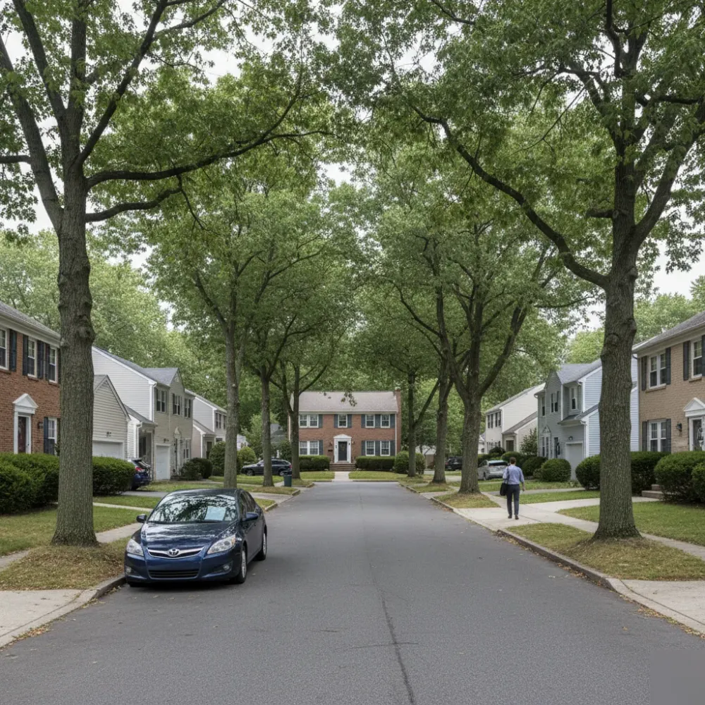 Person walking toward a Cape Cod home on a tree-lined Teaneck, NJ street near Livingston Senior Community Center for remote