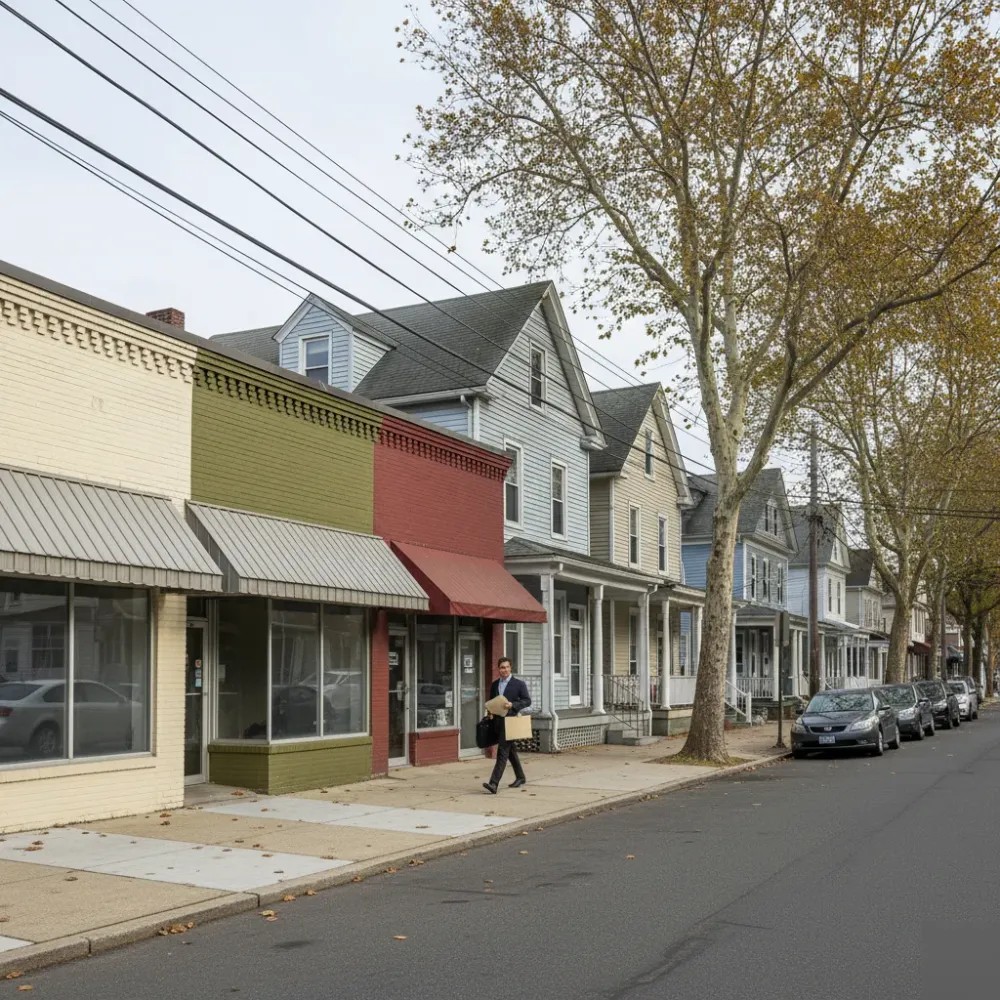 Person carrying bookkeeping documents walks toward a small business storefront on a Teaneck, NJ commercial street.