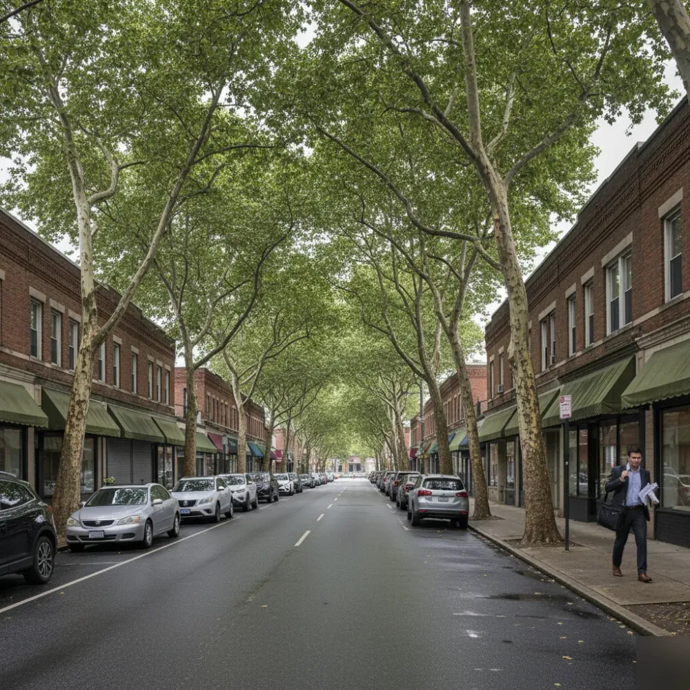 Person carrying a laptop bag walks toward a mid-century brick storefront on a Teaneck, New Jersey commercial street.