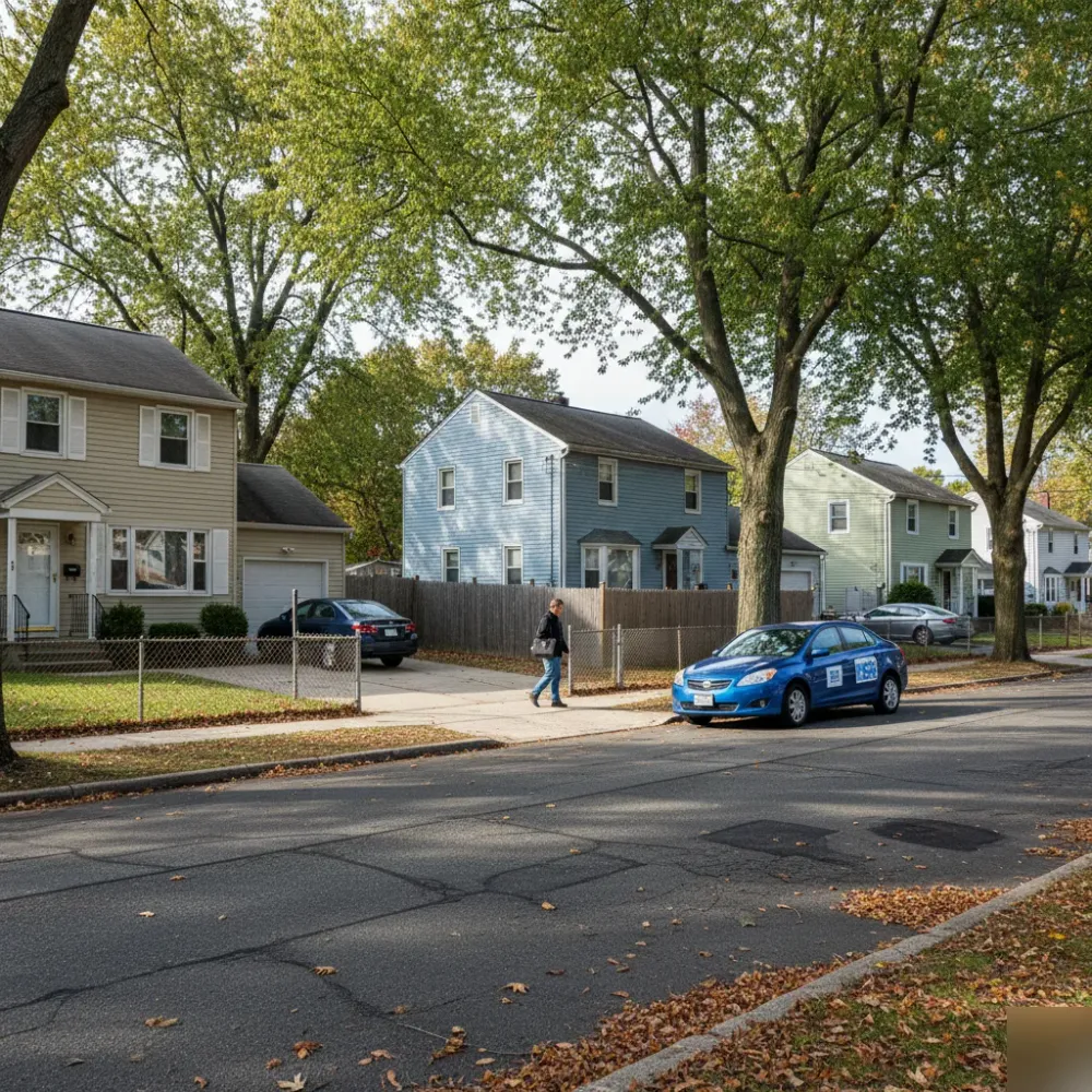 Teaneck, NJ neighborhood street near Lincoln Park with a bookkeeping service provider approaching a home.