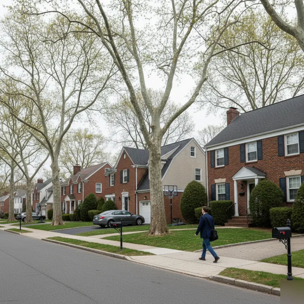 Teaneck NJ residential street near Old Short Hills Park with bookkeeping service provider walking toward home.