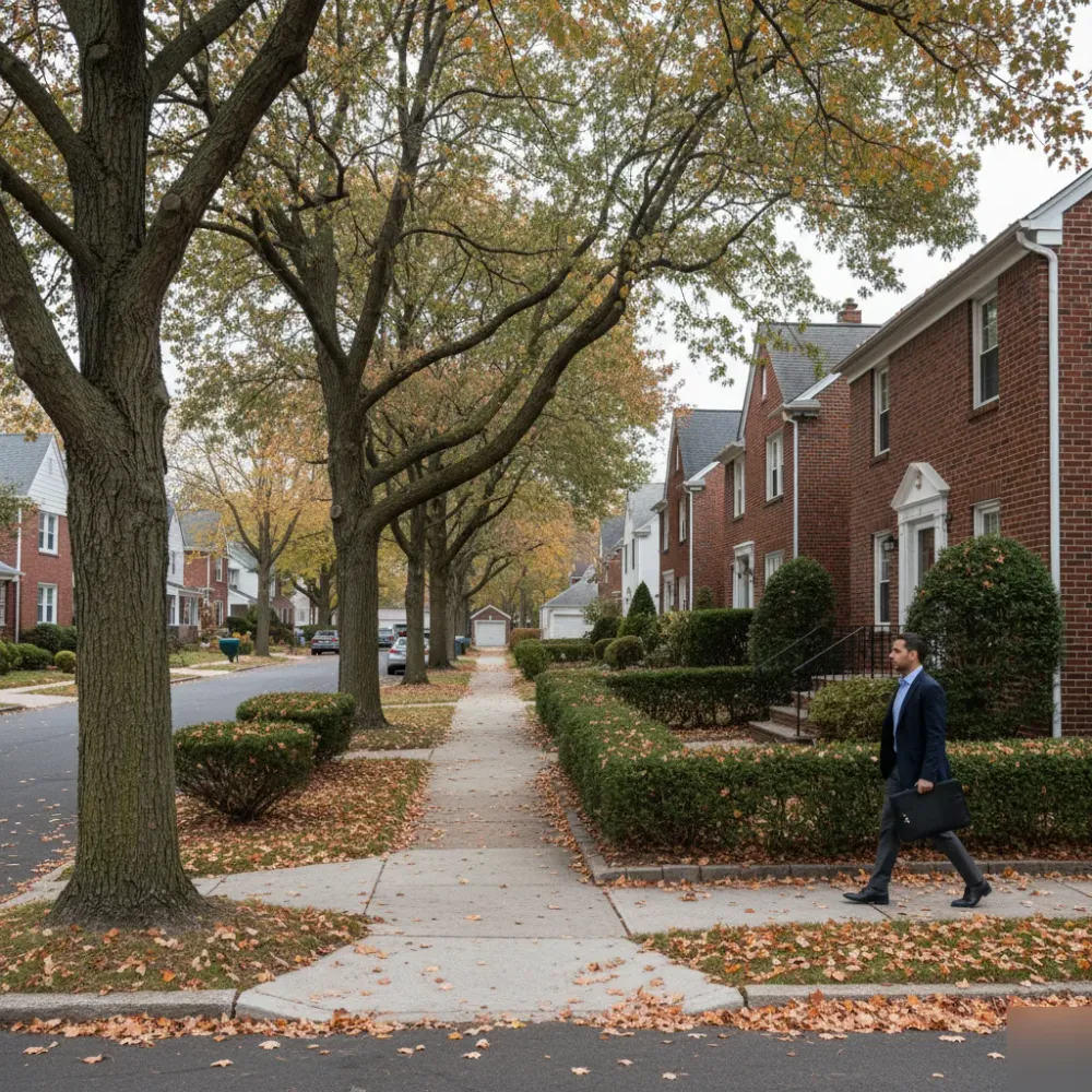 Bookkeeping service provider walking toward a brick home on a tree-lined residential street in Teaneck, New Jersey.