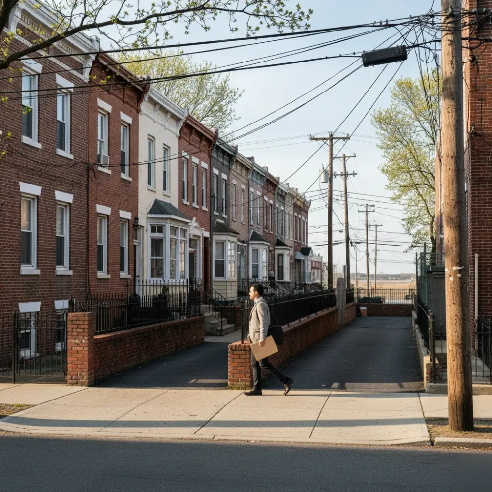 Person carrying a laptop bag walks along a brick row-building streetscape in Teaneck, NJ for a bookkeeping visit.