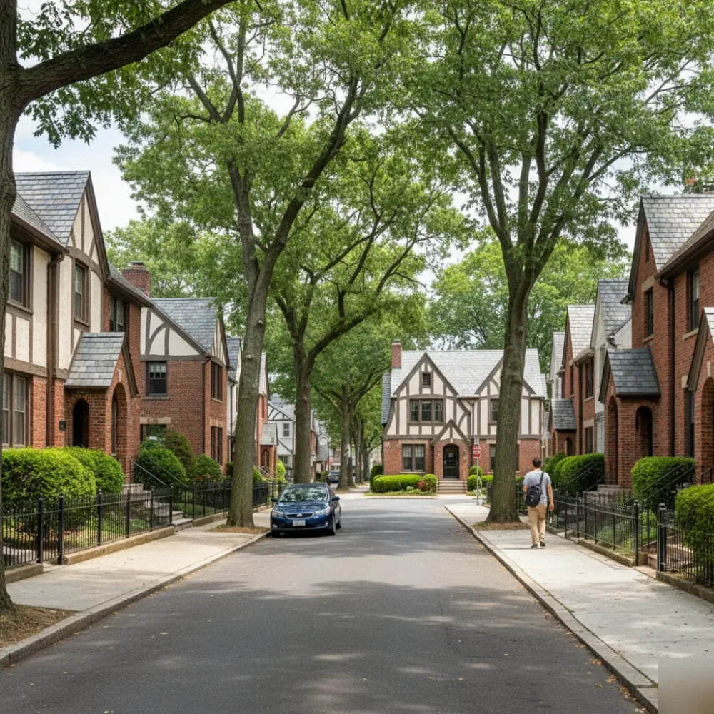 Person carrying a laptop bag walks toward a brick Tudor home on a residential street in Teaneck, New Jersey.