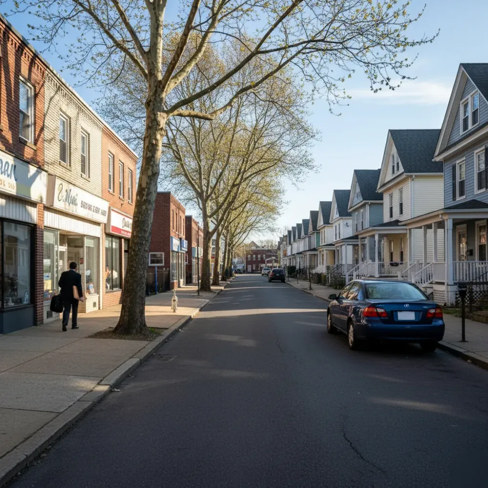 Bookkeeper walking toward a small business storefront on a brick-lined commercial street in Teaneck, NJ.