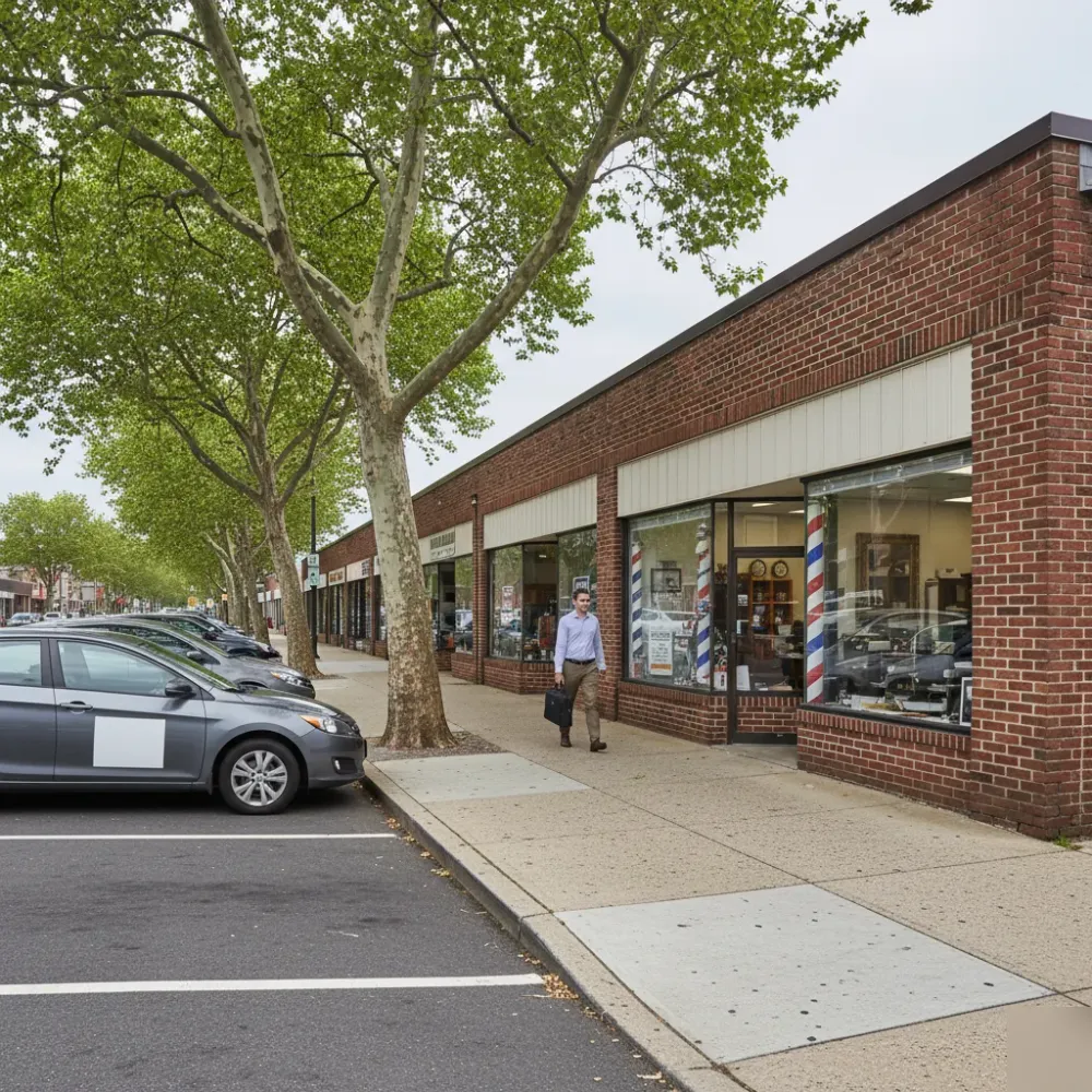 Person walking toward a brick storefront on a Teaneck, NJ commercial street with a parked car nearby.