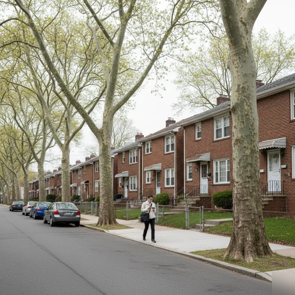 Person walking toward a pre-war brick home on a tree-lined Teaneck, NJ residential street.